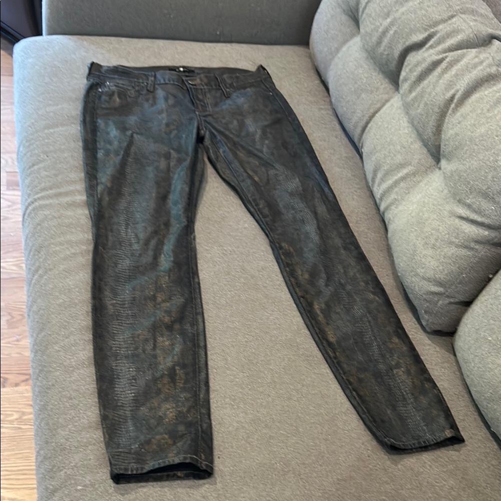 7 For All Mankind Black Metallic Textured Coated Slim Jeans